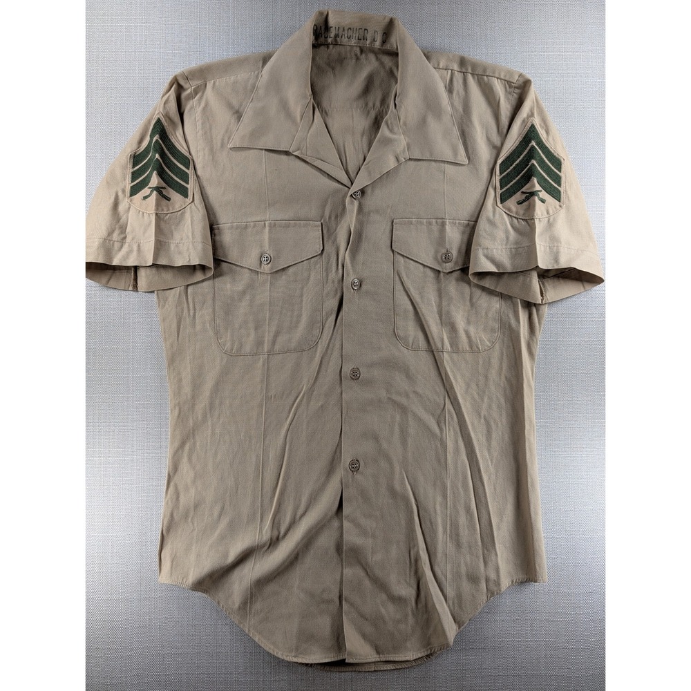 Vintage USMC Khaki Uniform Shirt Sergeant Rank 1985 DLA100-85-C-0385 Tan 20x29.5